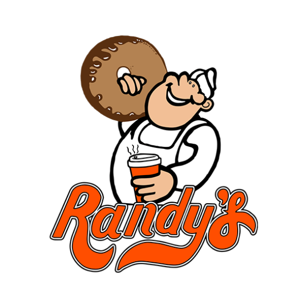 A man in a bakers uniform holds a donut on his shoulder and a coffee in his hand above the word Randys 