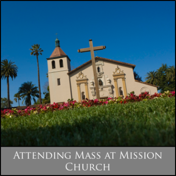 A mission church with a cross, palm trees, and red flowers. Text: 