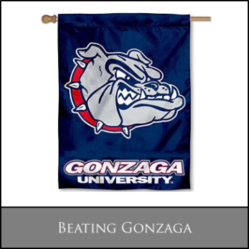 Blue Gonzaga University flag with bulldog logo, titled 