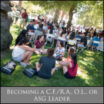 A group of people sitting and talking under trees with text 