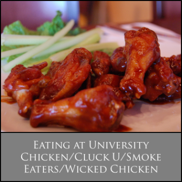 Chicken wings with celery and sauce, labeled 