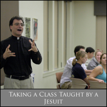 A Jesuit priest teaching a class of students.