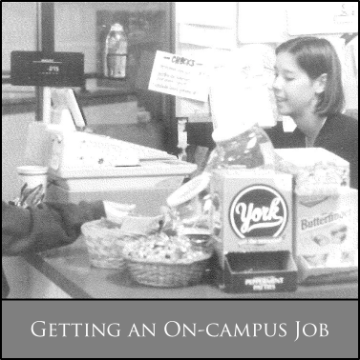 Student working at a campus food service counter. 