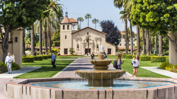 A view of SCU's fountain and, beyond, the Mission Church.