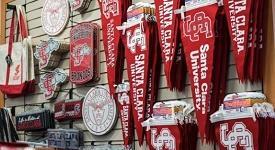 Pennants and gear with the Santa Clara logo.