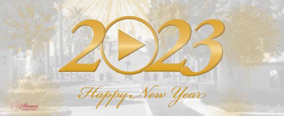 Happy New Year message with Mission Church in the background.