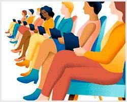 Colorful graphic of people sitting with tablets.