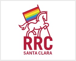 Bronco carrying a rainbow flag.