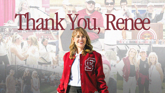 A woman in an SCU-branded varsity jacket. Red text behind her says