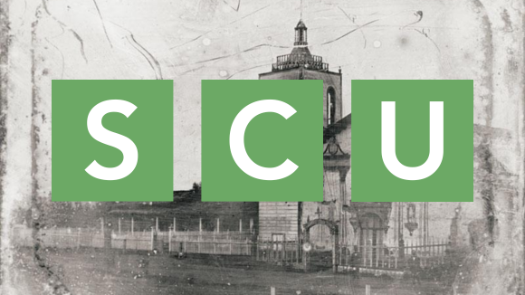 A vintage photograph of Mission Santa Clara de Asis, overlaid is 3 white letters on green boxes, in the style of a NYT Wordle puzzle, reading 