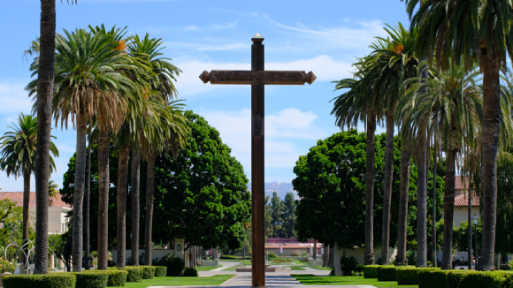 A large wooden cross in front of a palm-lined drive.