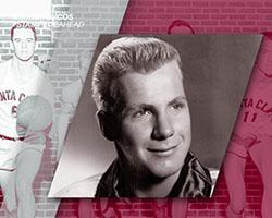 Black and white photo of Ken Sears on a red banner.