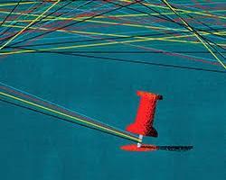 Graphic of colorful thread pinned by a thumb tack.