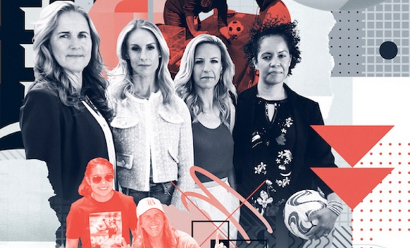 Four soccer alumnae pictured in black and white.