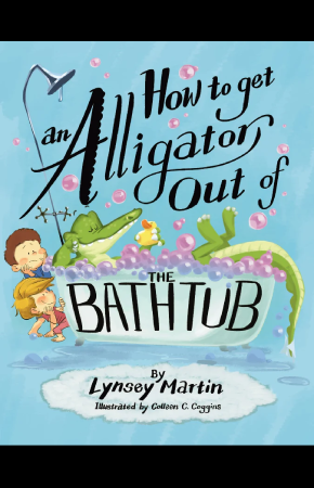 An illustrated alligator sits in a bathtub full of blue, purple, and pink bubbles, holding a yellow rubber duck. Two children stand behind him, one looking concerned and one smiling. Black handwritten text reads 