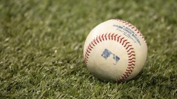 A baseball on grass, closeup view. 