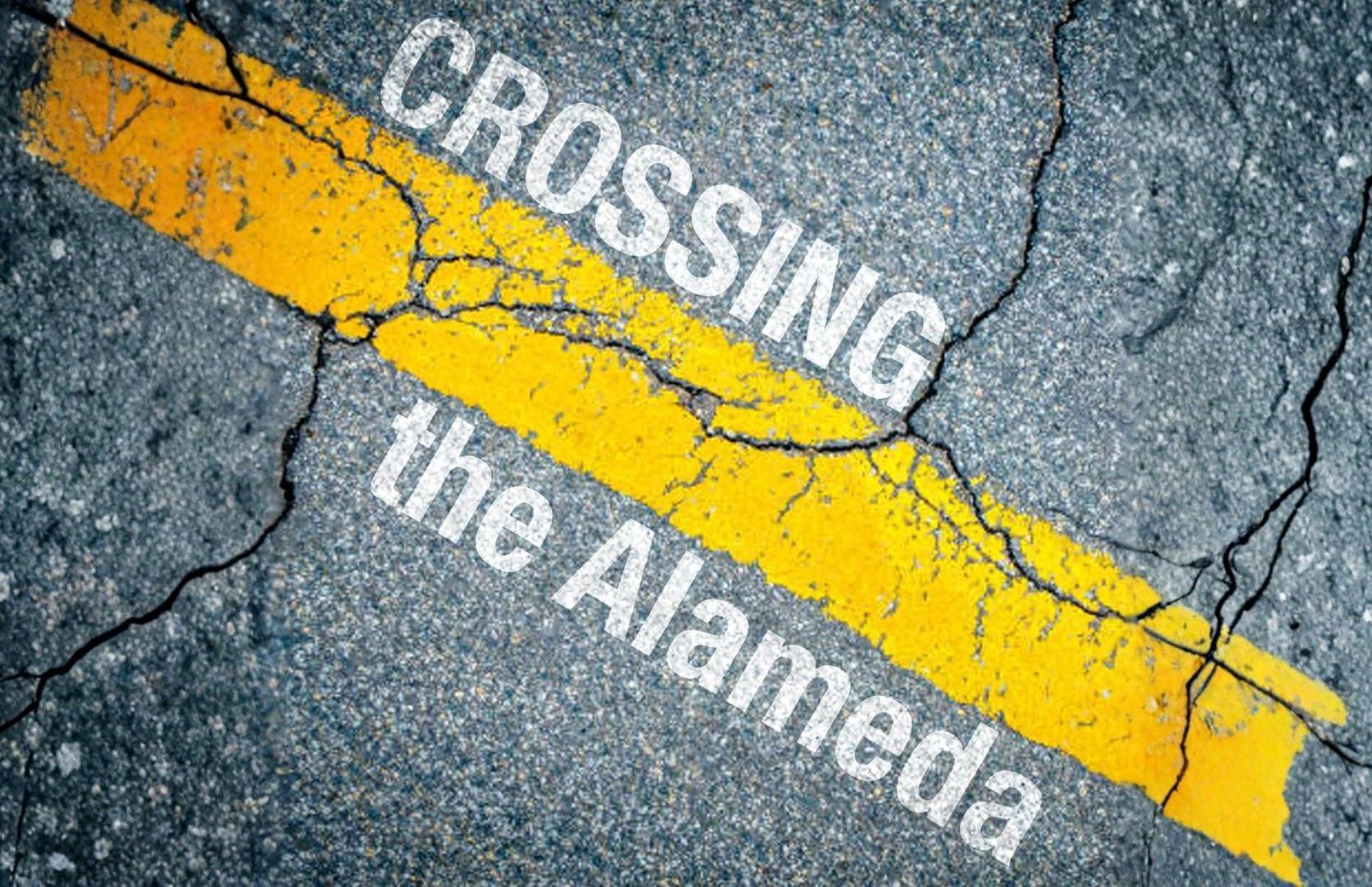 An image of a street with asphalt and a yellow line with crossing the alameda text written on it