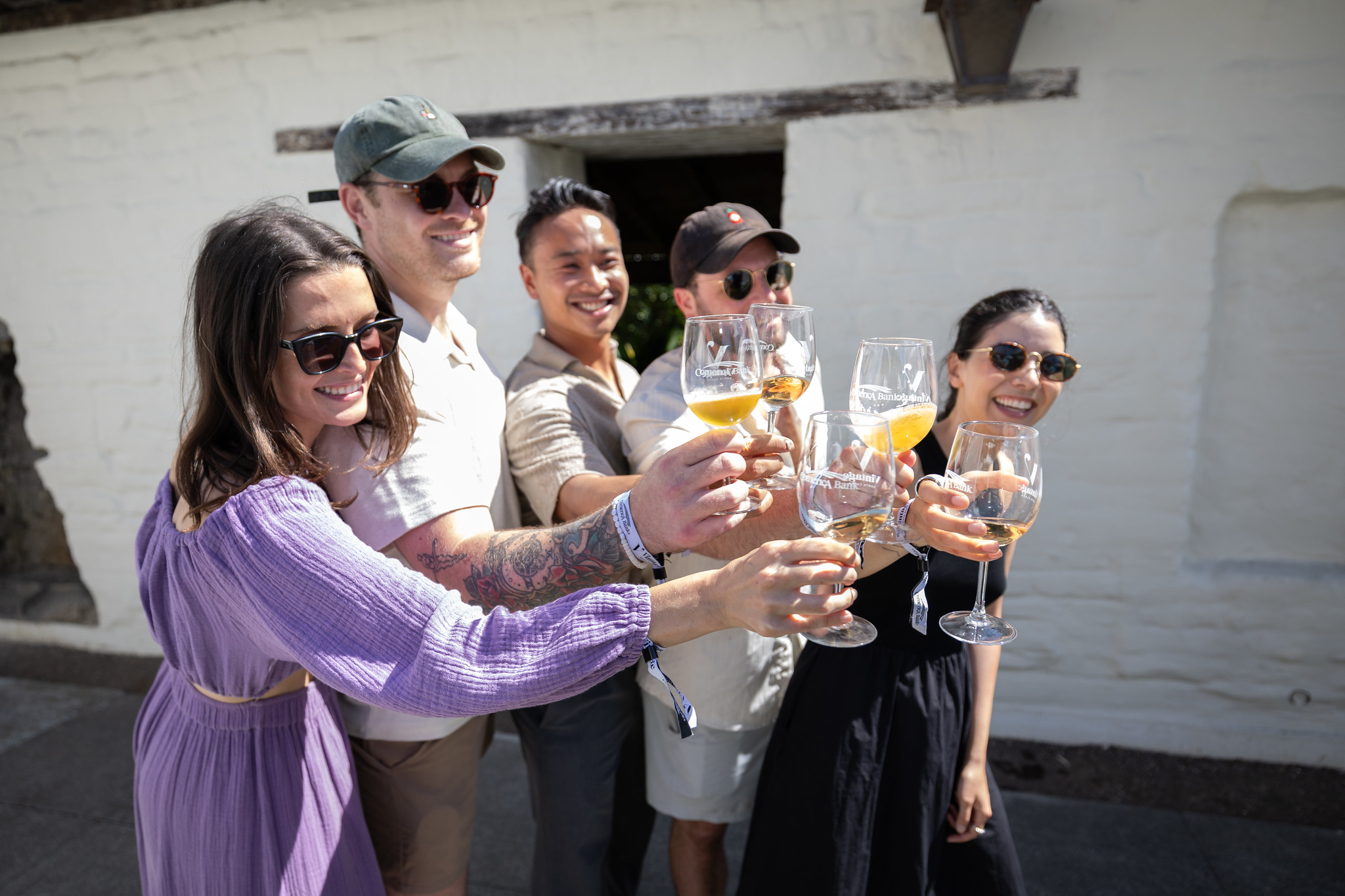 A group of 6 smiling alumni cheers their wine glasses toward an off-camera presence 
