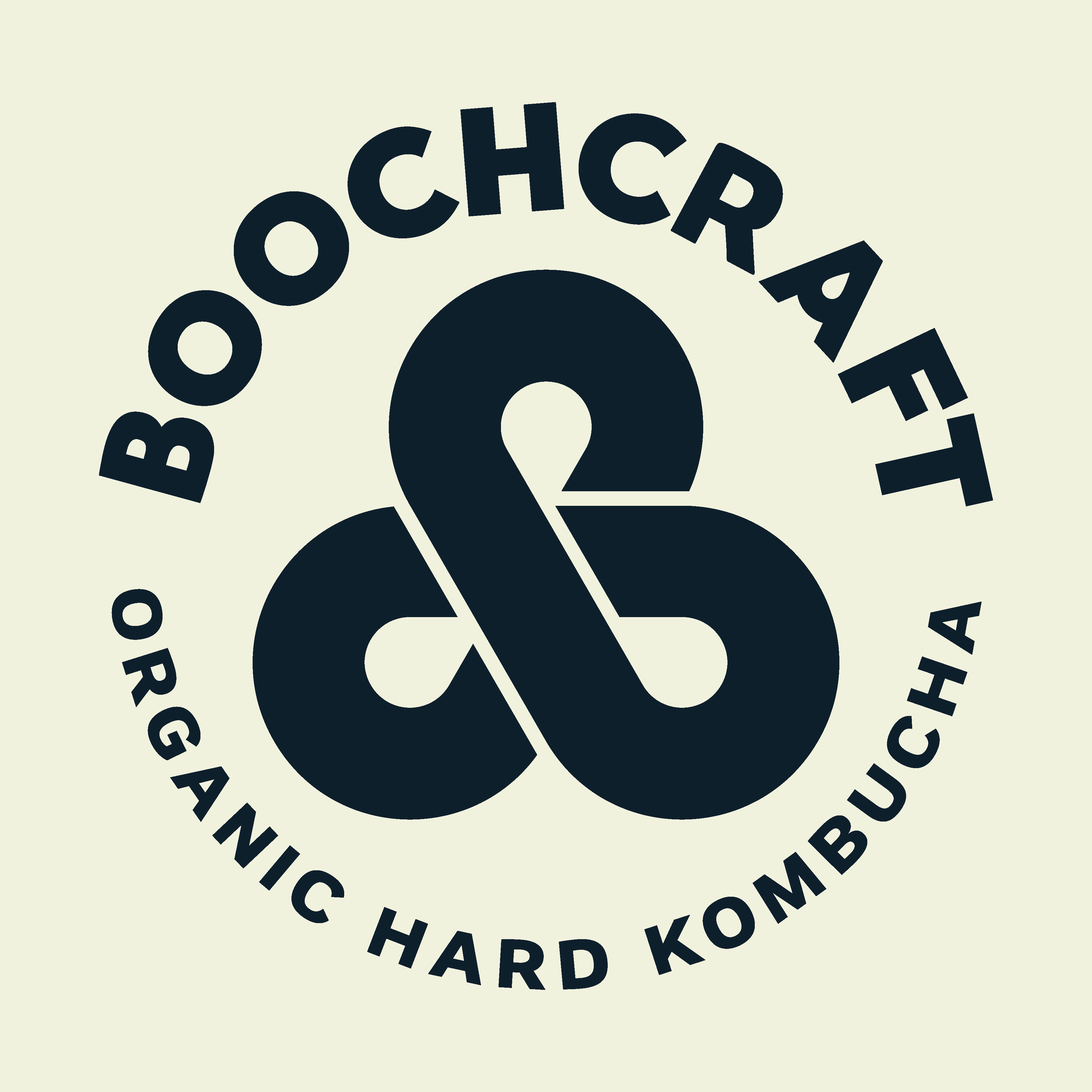 The words Boochcraft Organic Hard Kombucha encircles their Triad logo (a trefoil knot). 