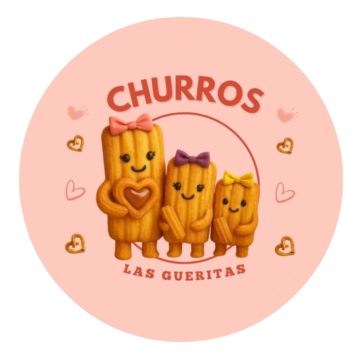 The words Churros Las Gueritas surround three churros with smiley faces and bows 