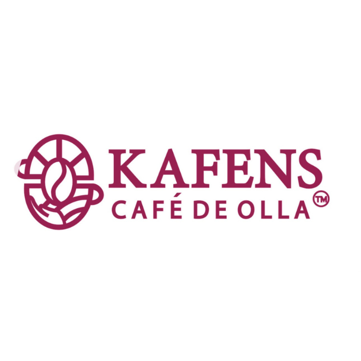 Two coffee mugs surround a coffee bean. Next to it are the words KAFENS CAFÉ DE OLLA™ 