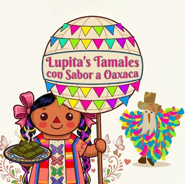 An illustration featuring a traditional Mexican rag doll holding a decorative plate of steaming tamales wrapped in green banana leaves. In her other hand, she holds a large sign decorated with colorful banner flags that reads Lupitas Tamales con Sabor a Oaxaca. To her right stands a festive Oaxacan tiliche character wearing a costume made of bright, colorful fabric strips and a straw hat. 
