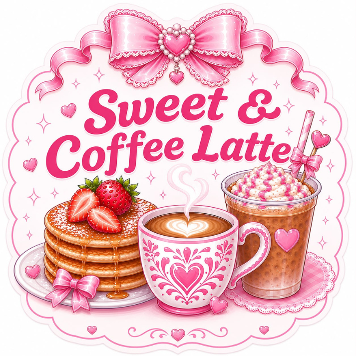 The words sweet & coffee latte sit above a stack of pancakes, a hot latte with a heart on it, and a cold latte with whipped cream. 
