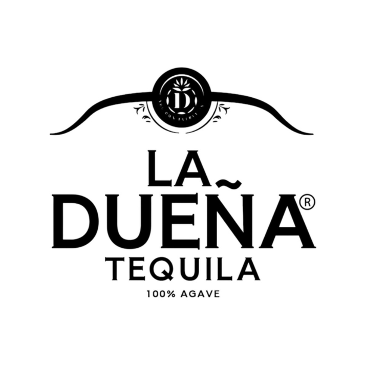 A decorative circle with a D and an agave plant sit above the words La Duena Tequila, 100% Agave 