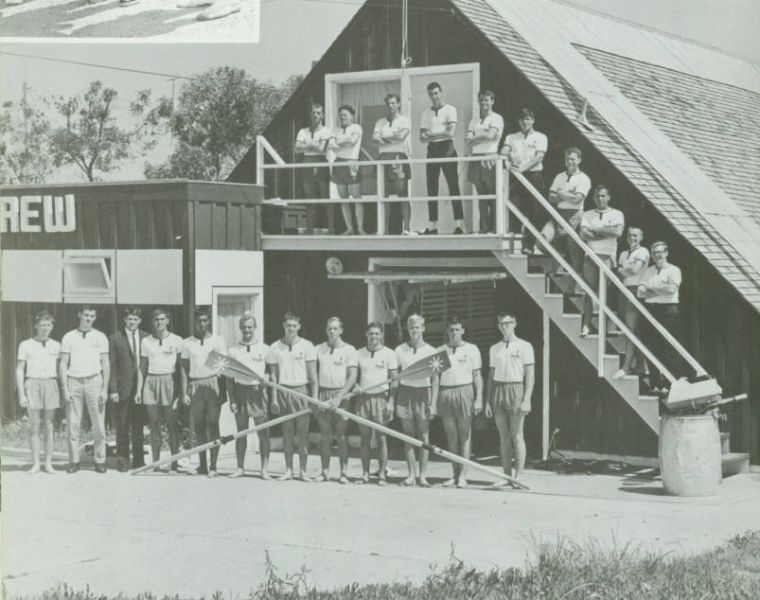 1965 SCU Crew Team posing in front of a boathouse.