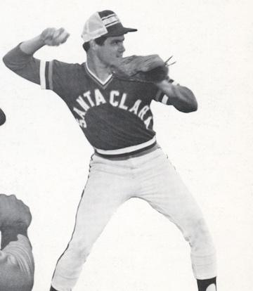 Baseball player in action wearing Santa Clara uniform.