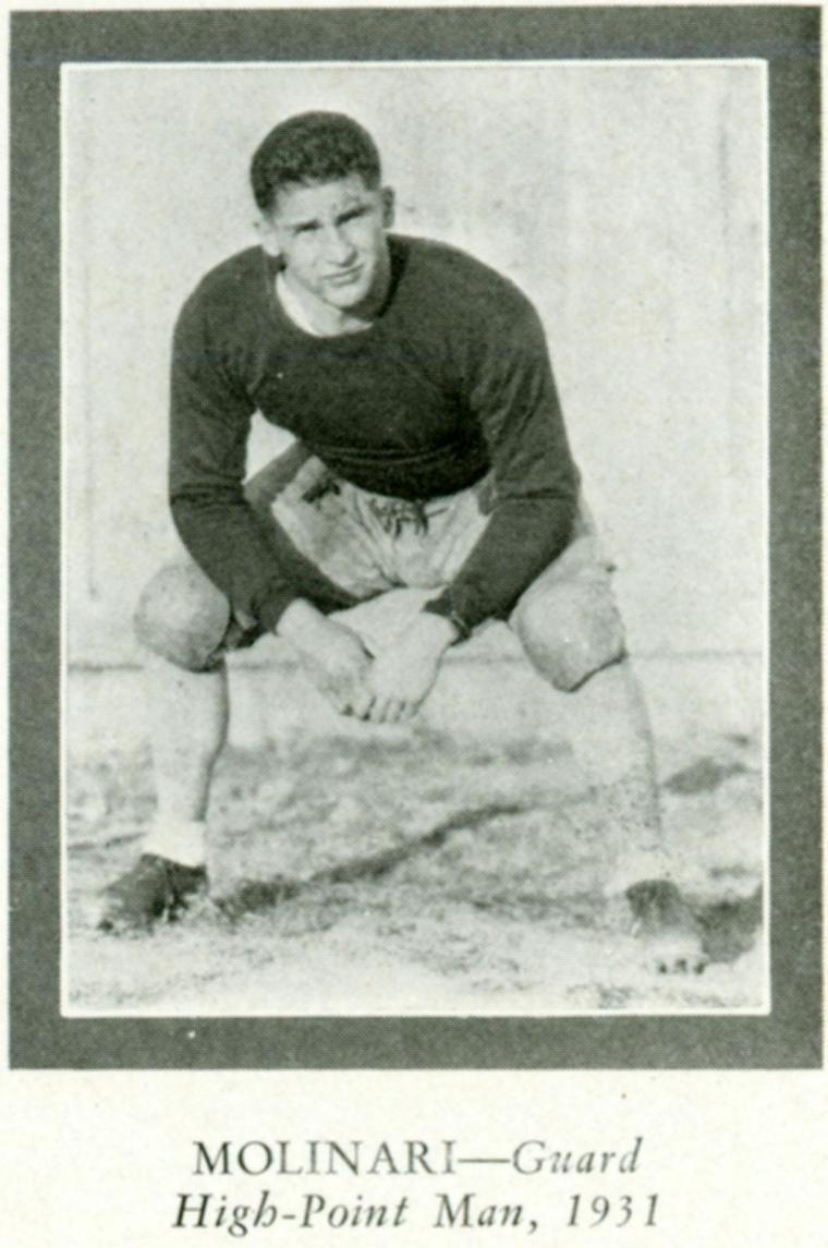Black-and-white image of Charles Molinari in football attire, 1933. Text below reads, Molinari, Guard, High School Hall, 1933.