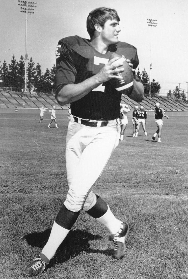 A football player preparing to throw a football on a field.