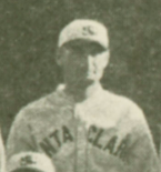 Man in a Santa Clara baseball uniform and cap.