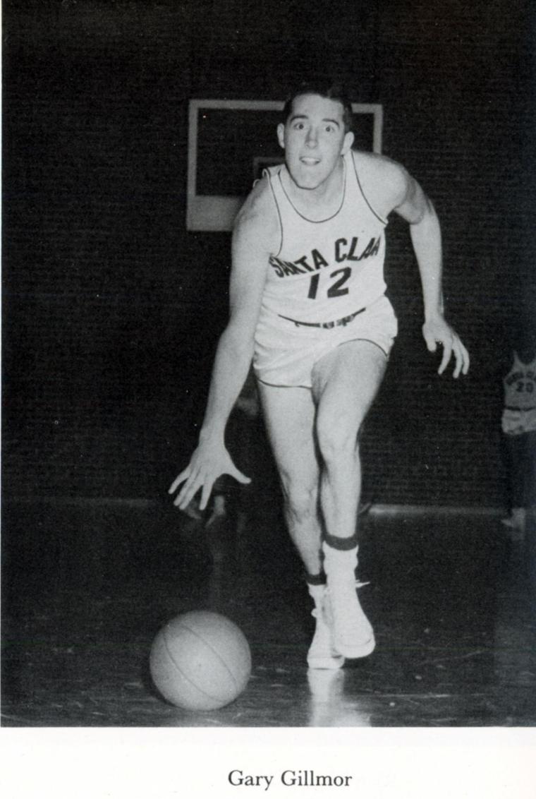 Black-and-white photo of a basketball player in action, titled Gary Gillmor.
