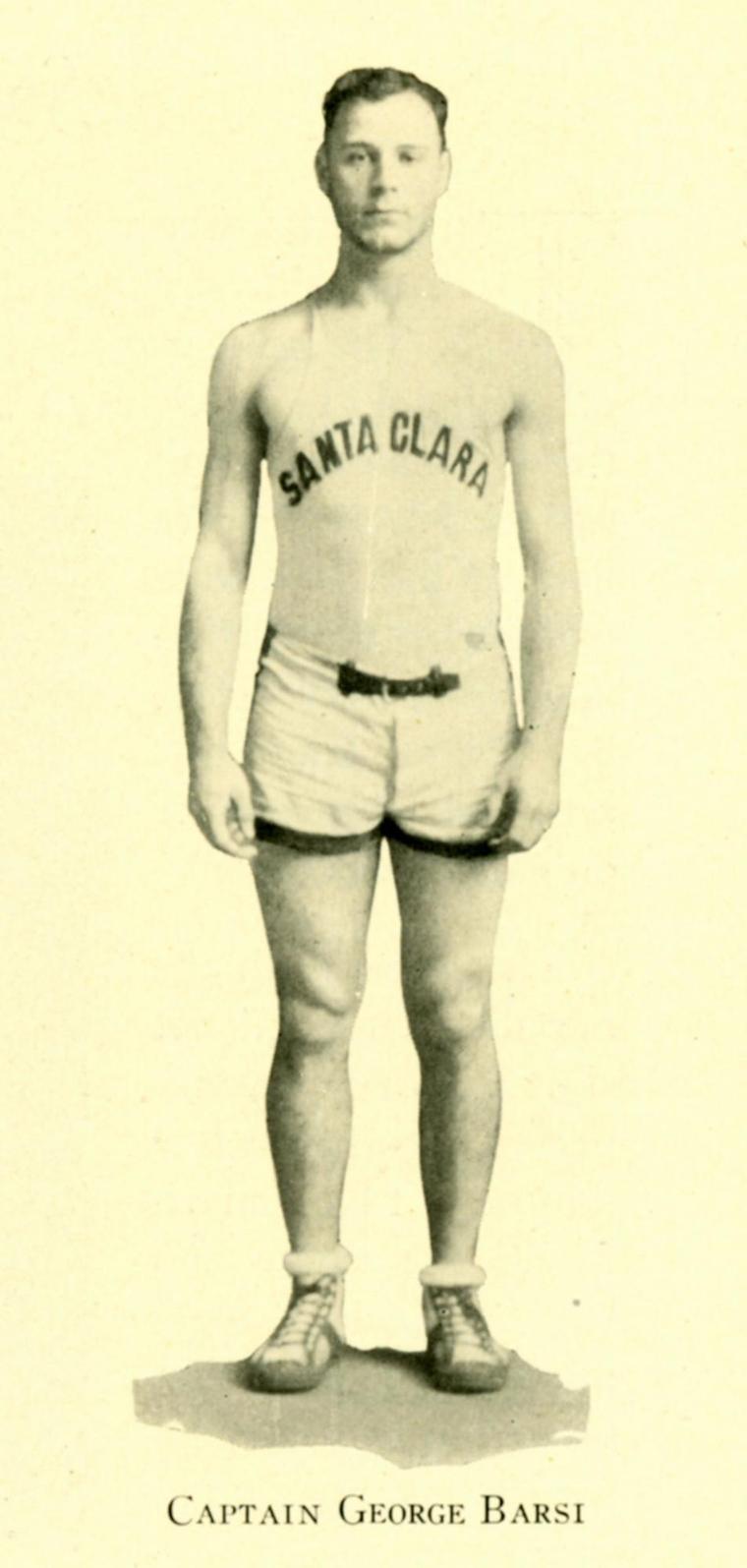 A sepia-toned photo of George Barsi in athletic attire, titled George Barsi HOF.