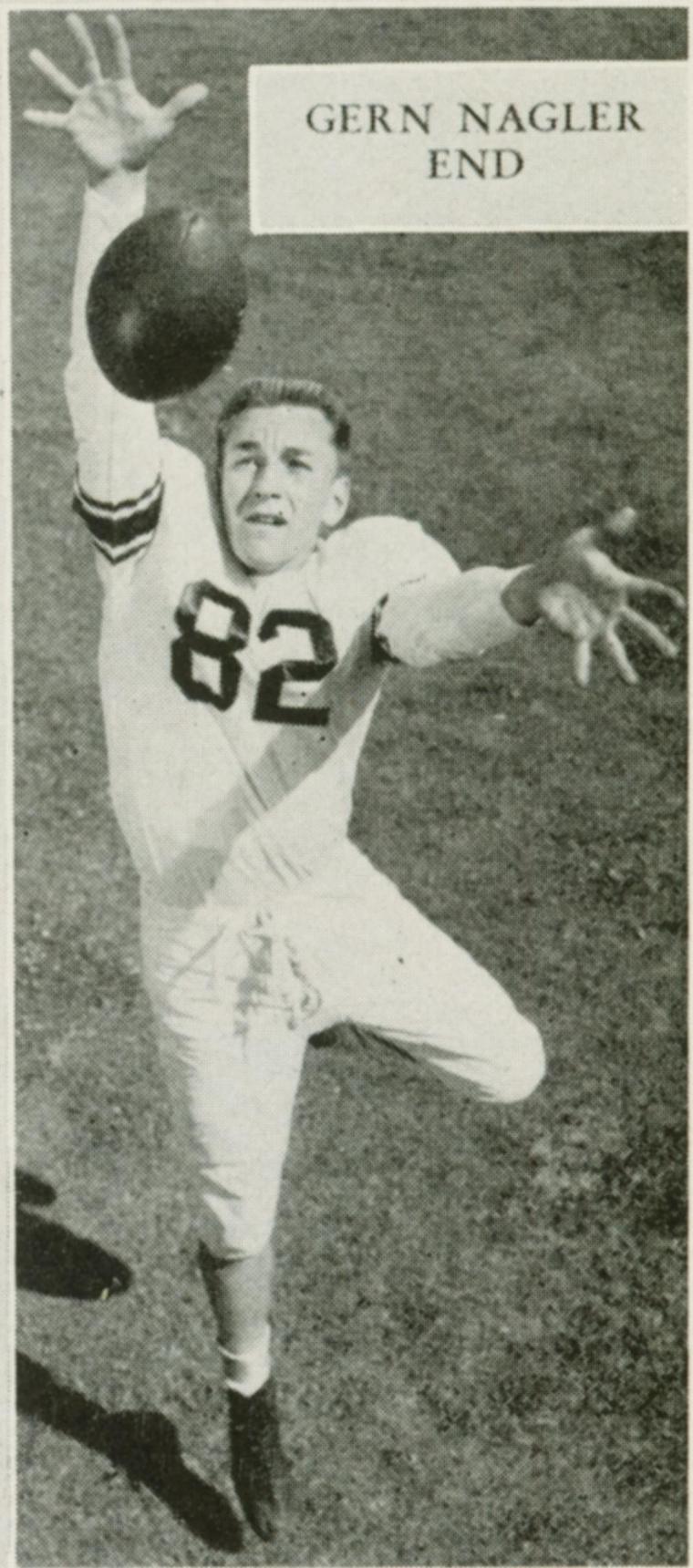 A football player wearing jersey number 62 catching a ball labeled Gern Nagler 1953.