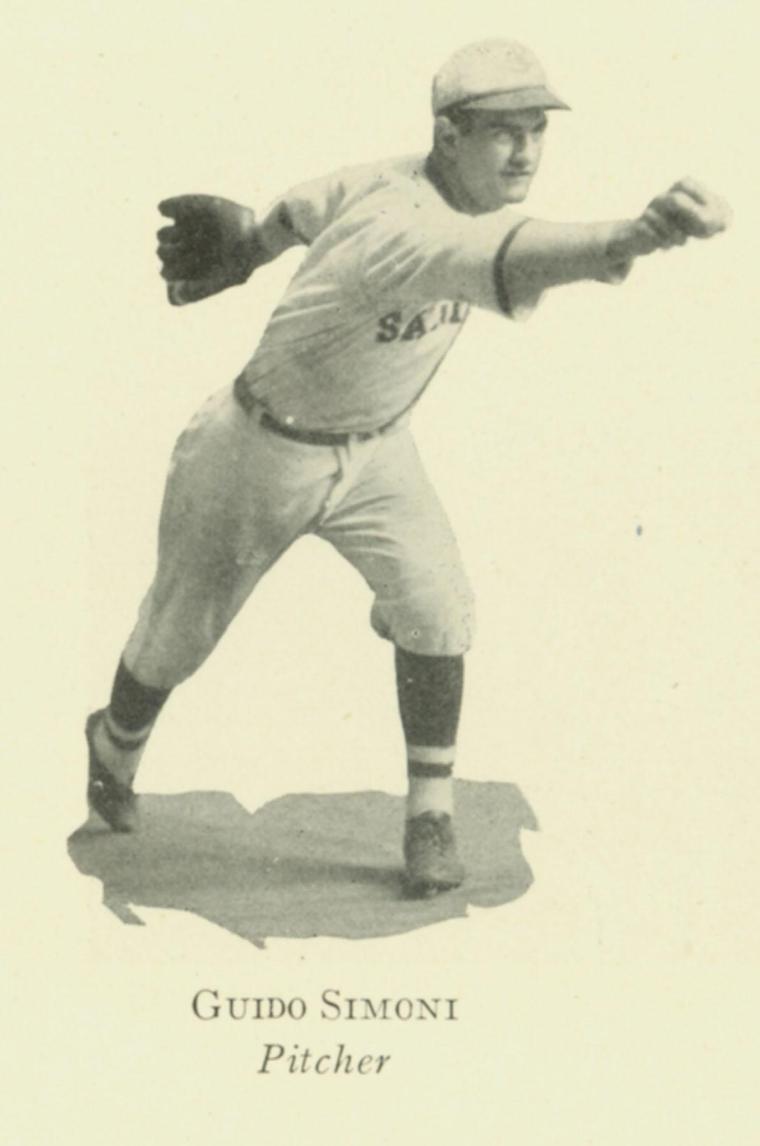 Black-and-white photo of a baseball player mid-pitch with Guido Simoni 1930 text below.