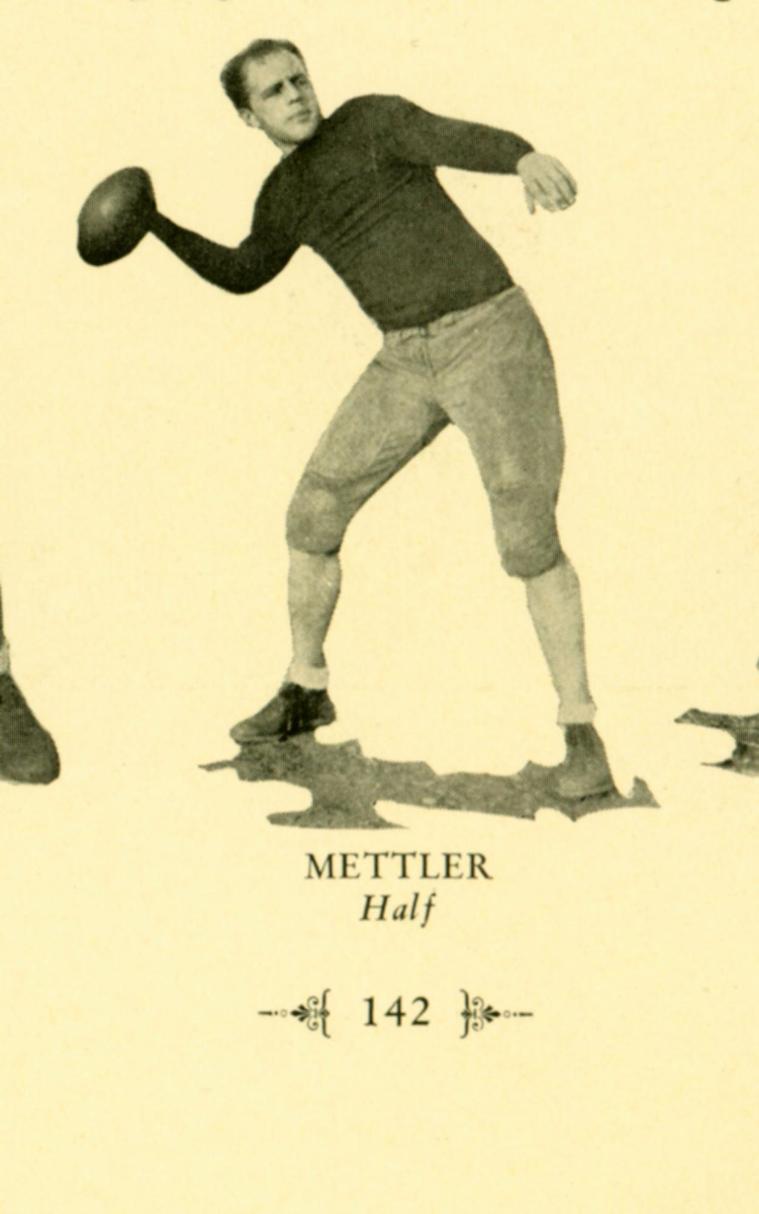 A vintage illustration of a football player throwing a ball, caption reads Mettler 1931.