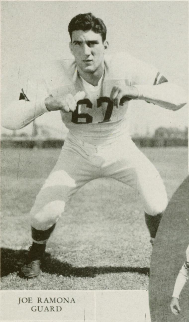 A football player, Joe Ramona, in stance, 1954.
