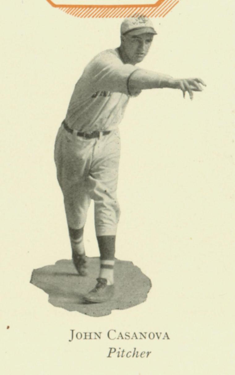 A sepia-toned image of John Casanova playing baseball, with text HOF above.