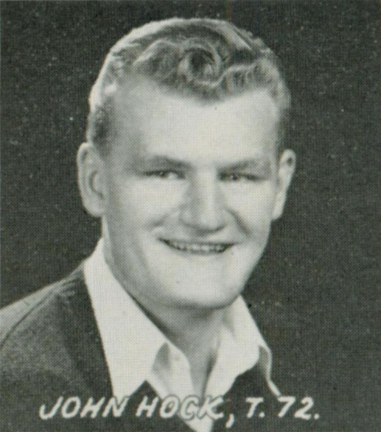 Black-and-white portrait labeled John Hock, HOF, 50.