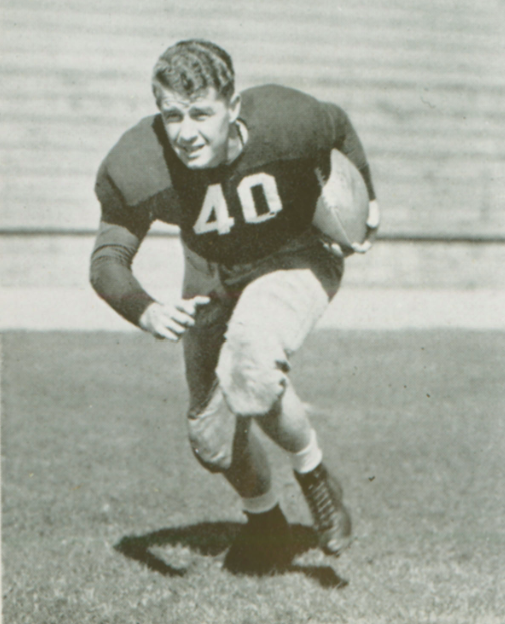A black-and-white photo of a football player wearing jersey number 40.