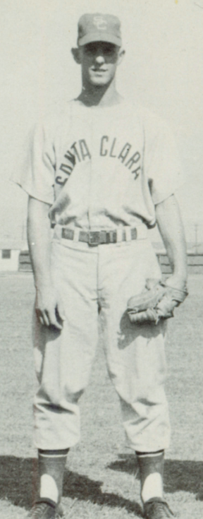 A black-and-white photo of a baseball player in uniform from 1956.