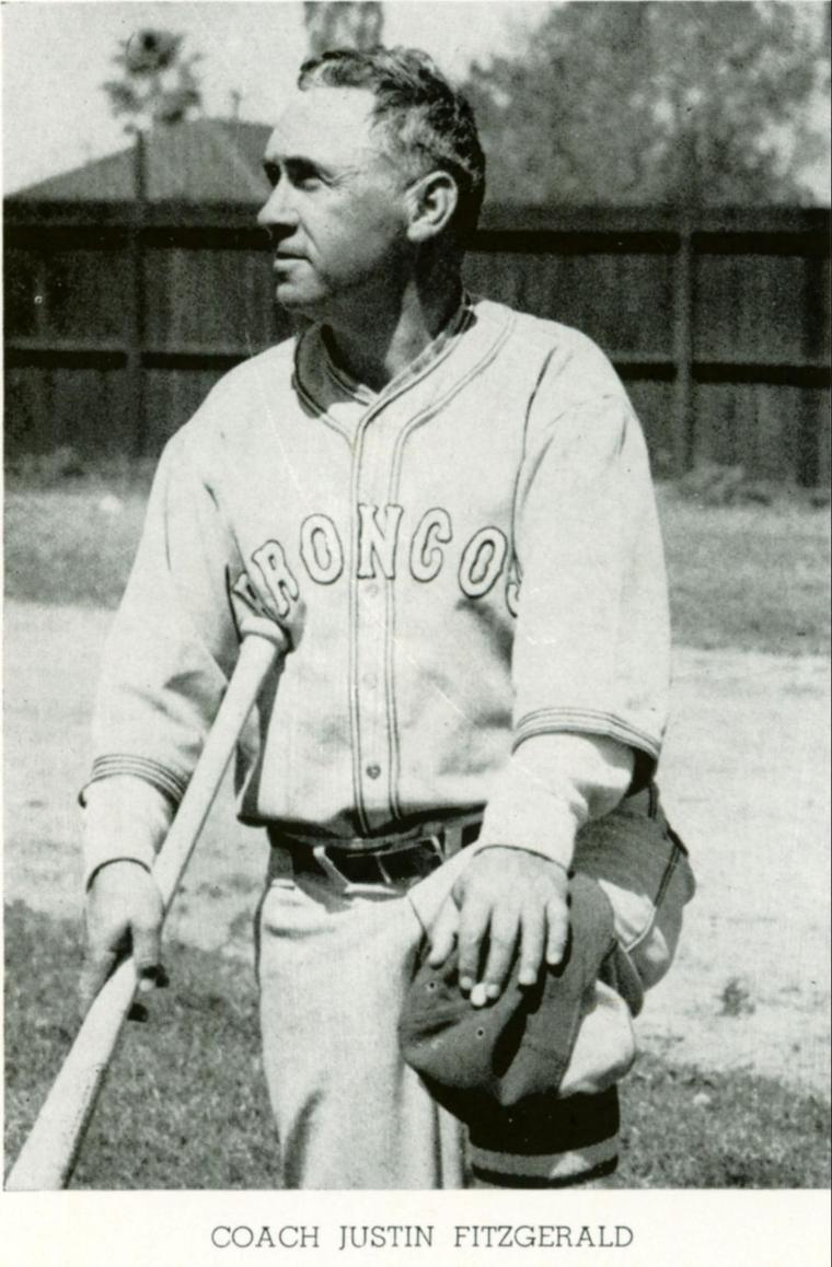 Black-and-white photo of a baseball player holding a bat, titled Justin Fitzgerald HOF.
