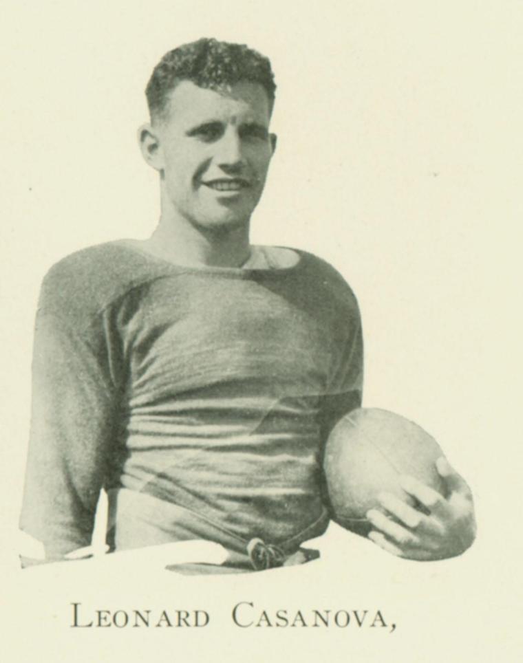 A football player holding a football. Text: Len Casanova.