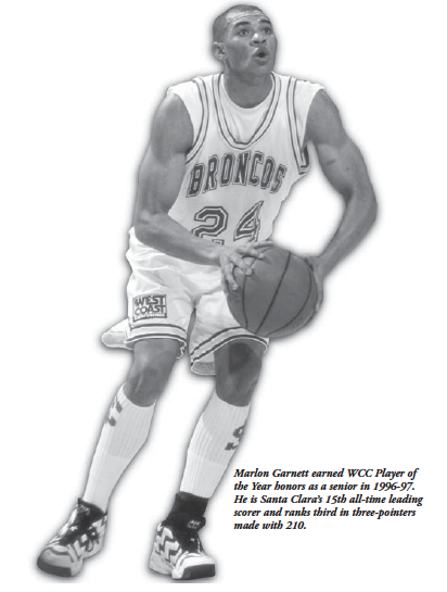 Basketball player in action with Marlon Garnett HOF text.