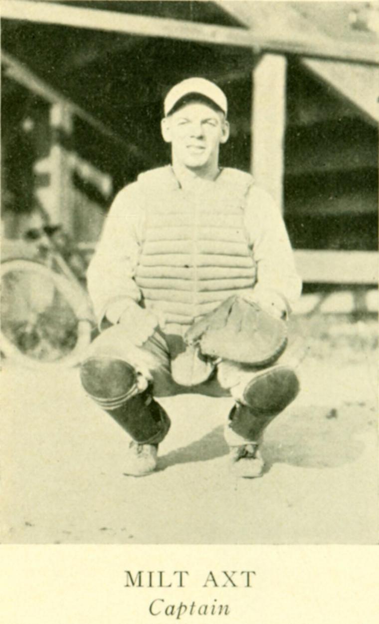 A baseball player named Milton Axt posing with a bat in a jersey.