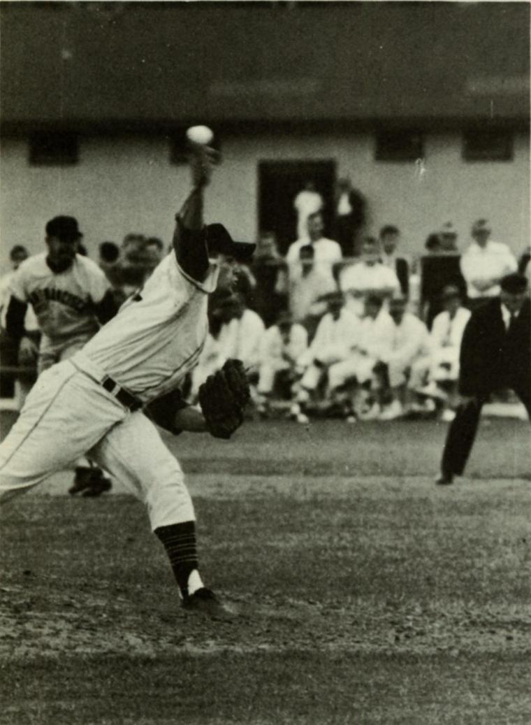 A baseball player pitching during a game, with spectators in the background.