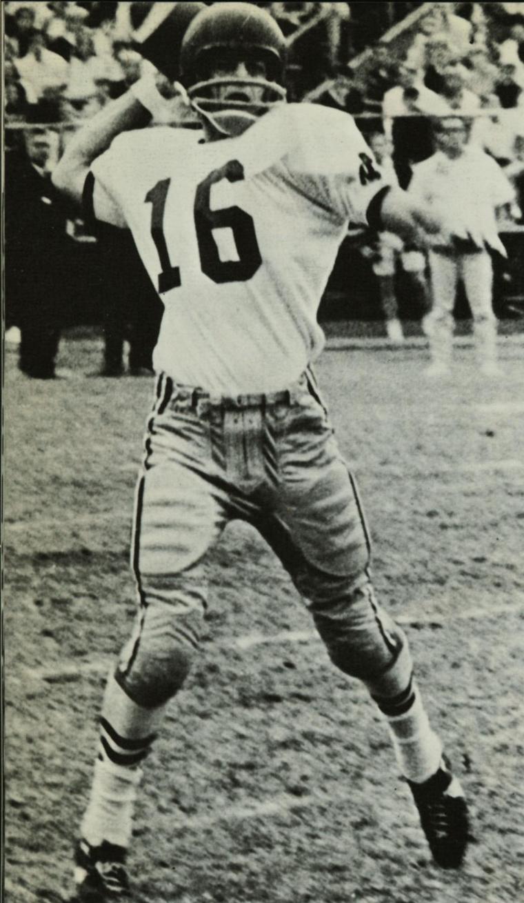 Football player Raymond Calcagno in action, 1968, wearing jersey number 16.