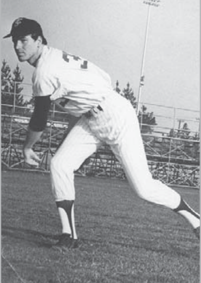 A baseball player in mid-pitch on a field.